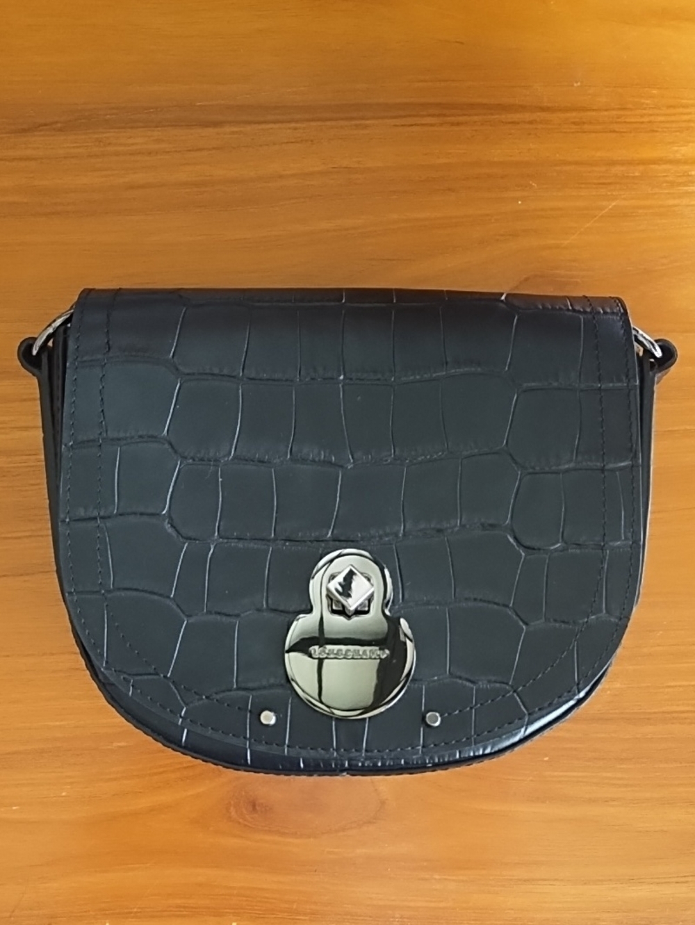 New! Longchamp Black Croc-Embossed Leather Crossbody Bag